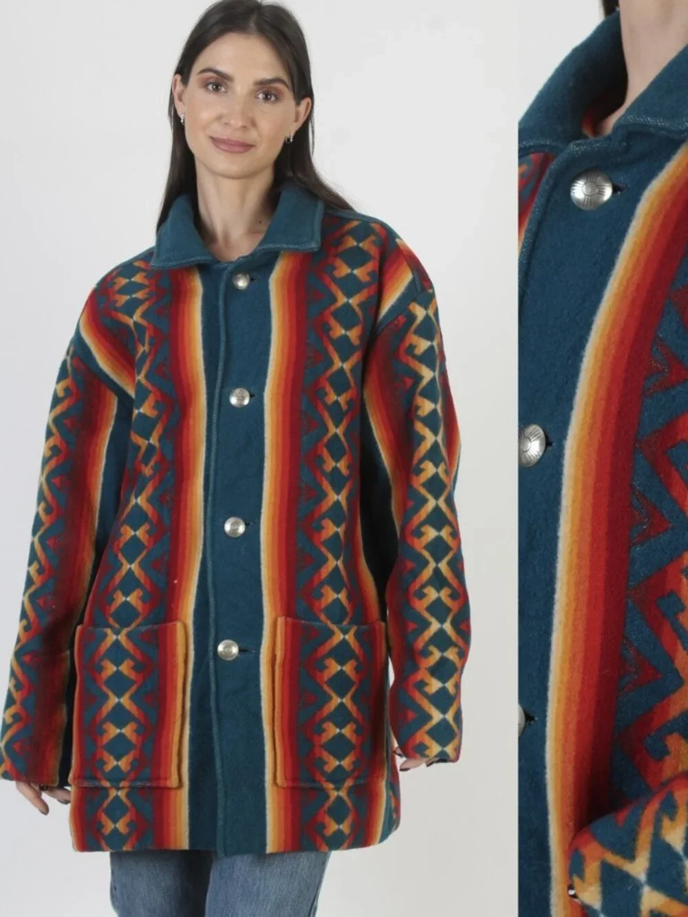 Pendleton Mens Women Aztec Wool Native American Barn Coat Concho Jacket 44 Large